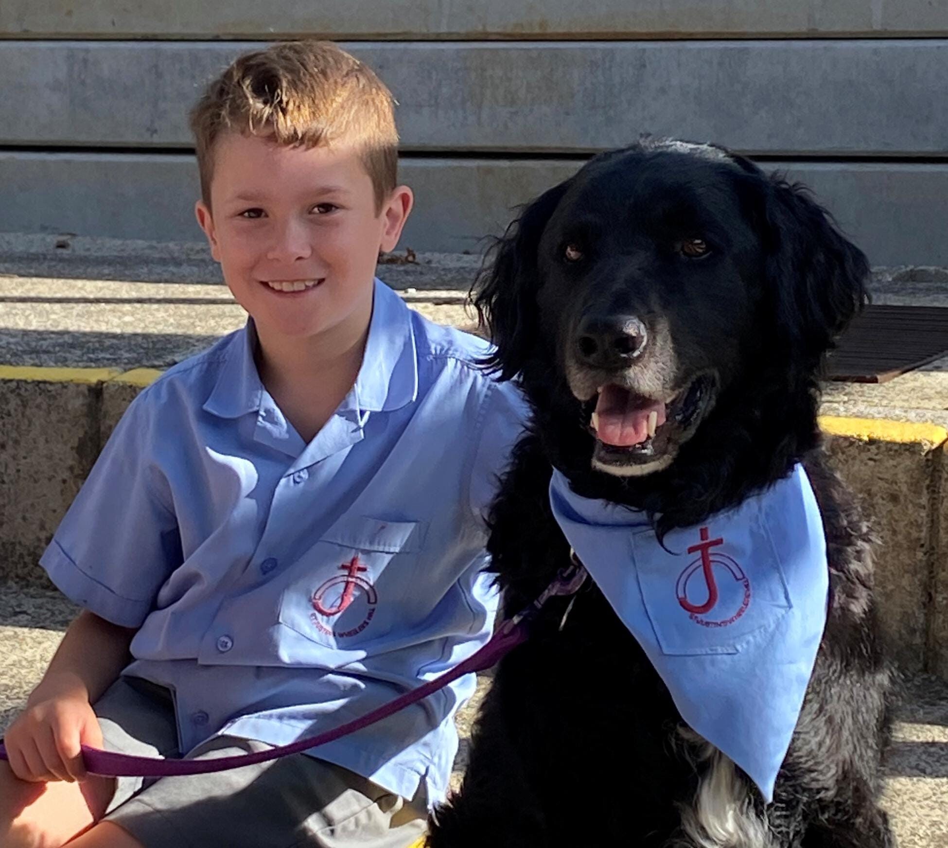Boy and dog in matching blue shirts.