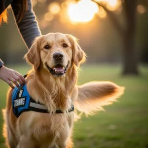 Golden retriever in training at sunset in park.