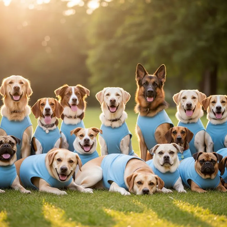 roup of newly certified therapy dog teams posing together for a photo