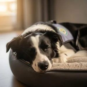 Sleeping service dog in soft bed