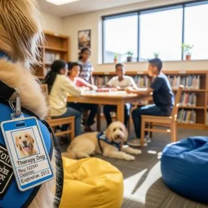 close up of a therapy dog id badge