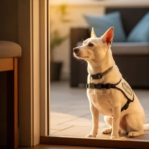 White assistance dog sitting in sunlight indoors.