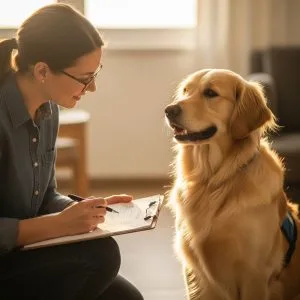Woman assessing golden retriever with clipboard
