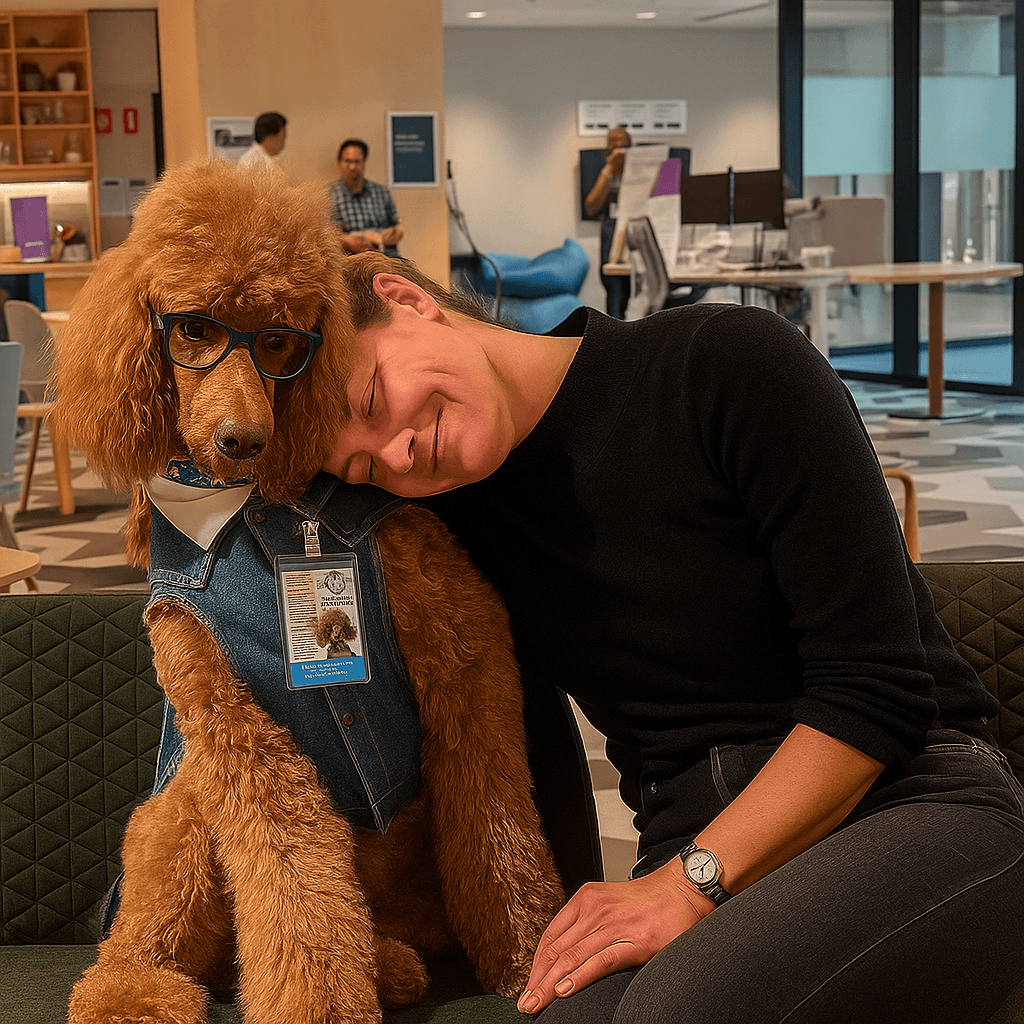 Woman cuddling dog wearing glasses in office.