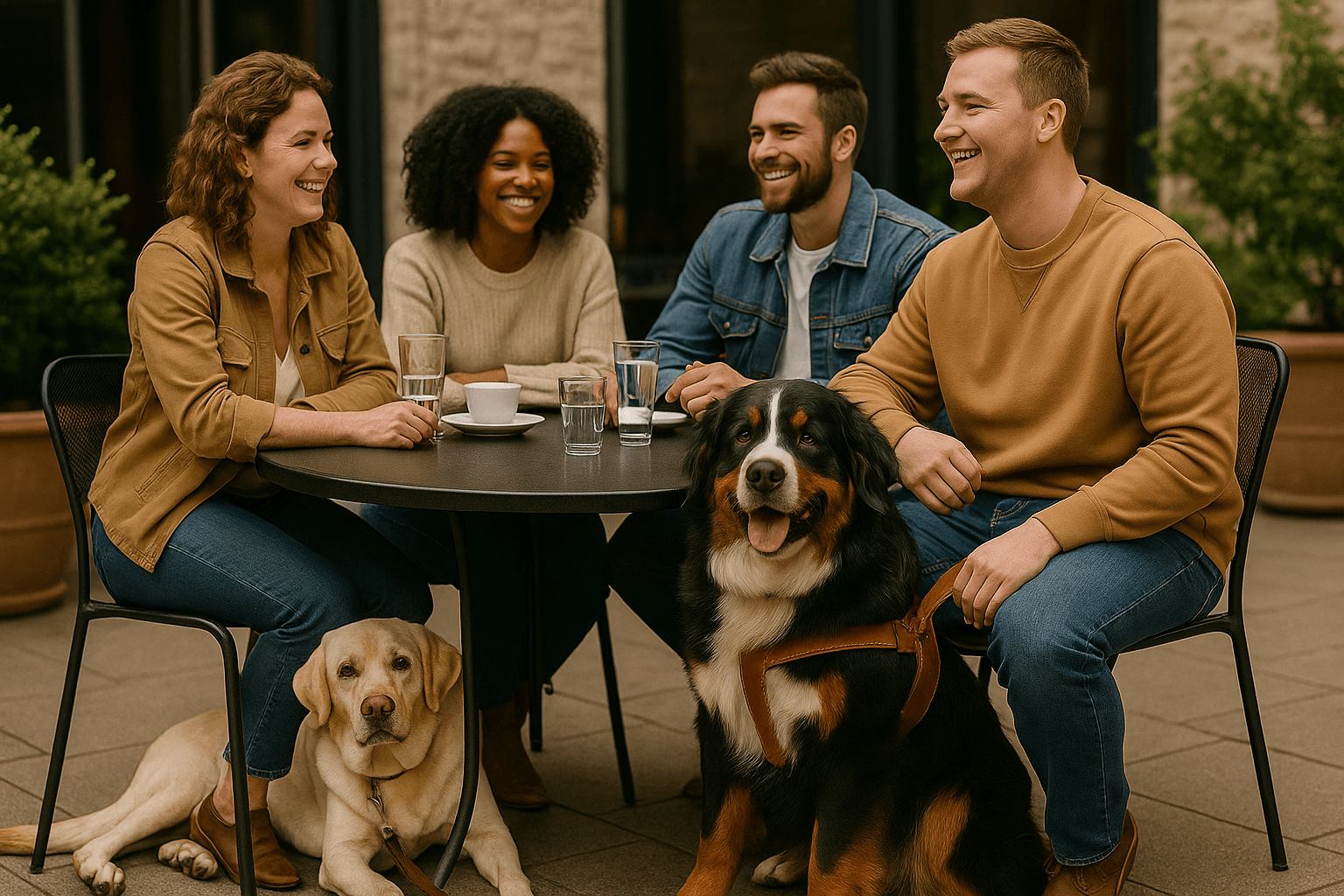 Friends enjoying coffee with two guide dogs.