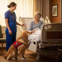 Nurse and therapy dog comforting hospital patient.