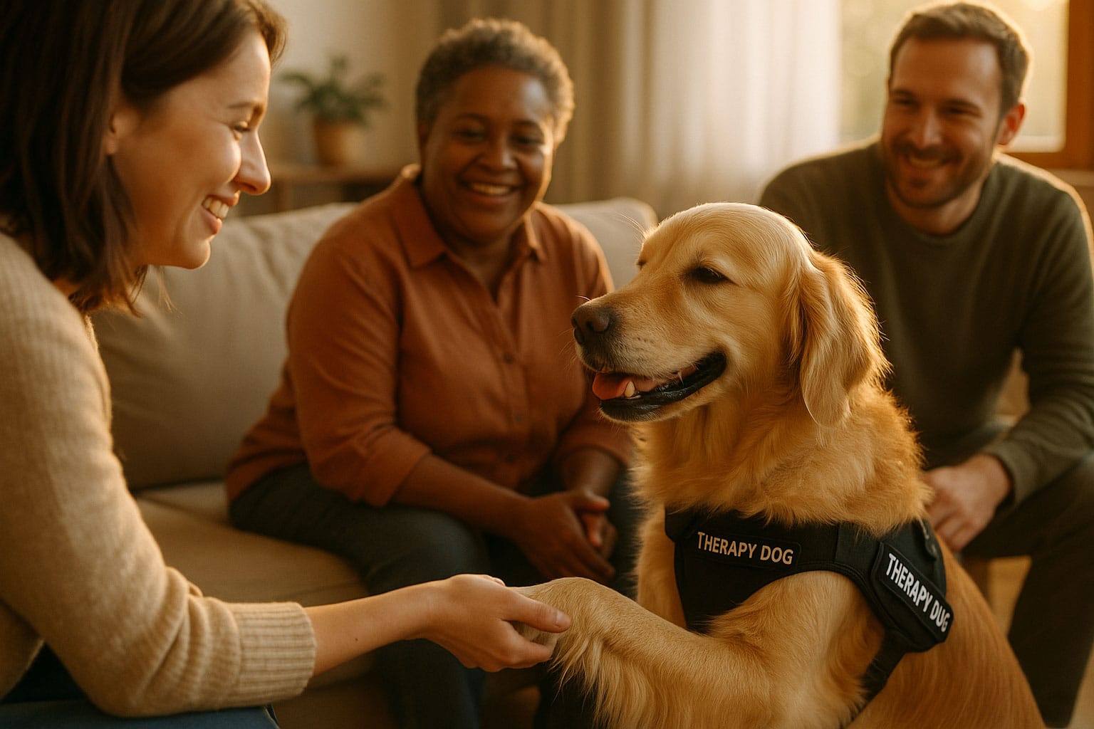 Golden retriever therapy dog comforting group indoors.